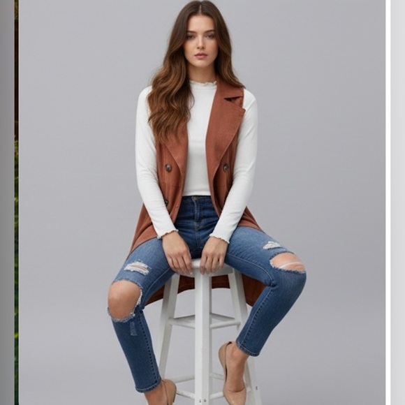 Rust Double-breasted Waterfall Collar Trench Vest - Picture 2 of 9